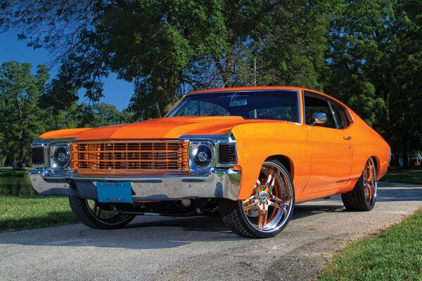 Naranja auto chevy chevelle en la naturaleza