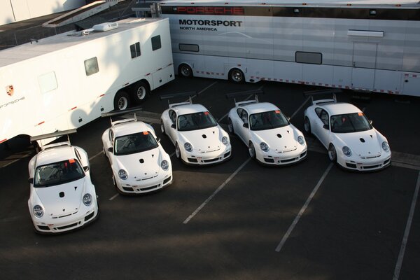 Several white porsche 911 gt3 cars on the background of vans