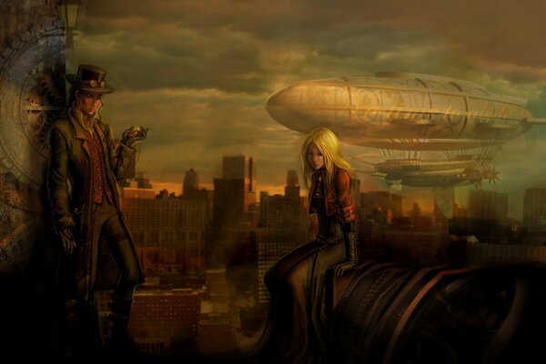 Dibujo chica y hombre. Dirigible