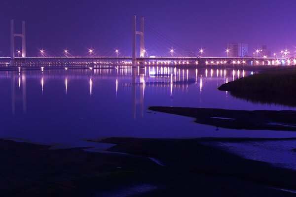 Night bridge with lights in the city