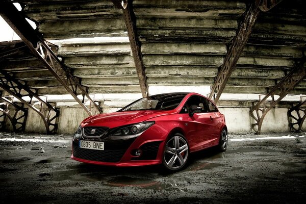 A red car standing in the garage