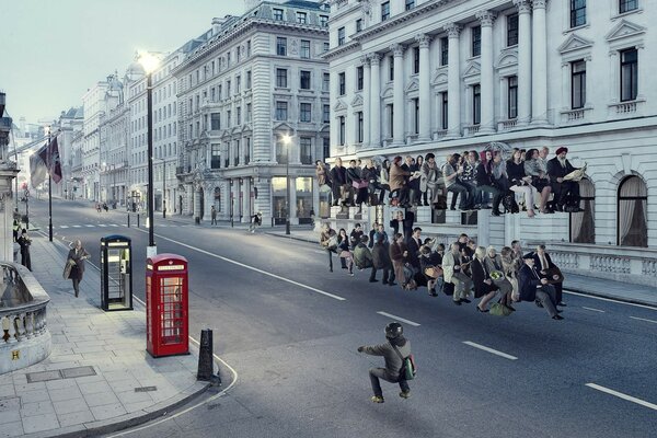 People in an invisible bus on a city street