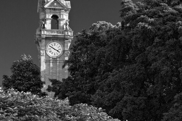 Black and white photo of the clock tower