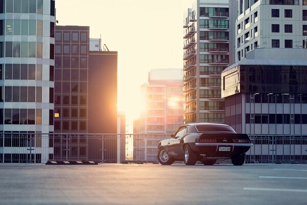 Chevrolet Camaro im Hintergrund des Sonnenuntergangs inmitten der Stadt