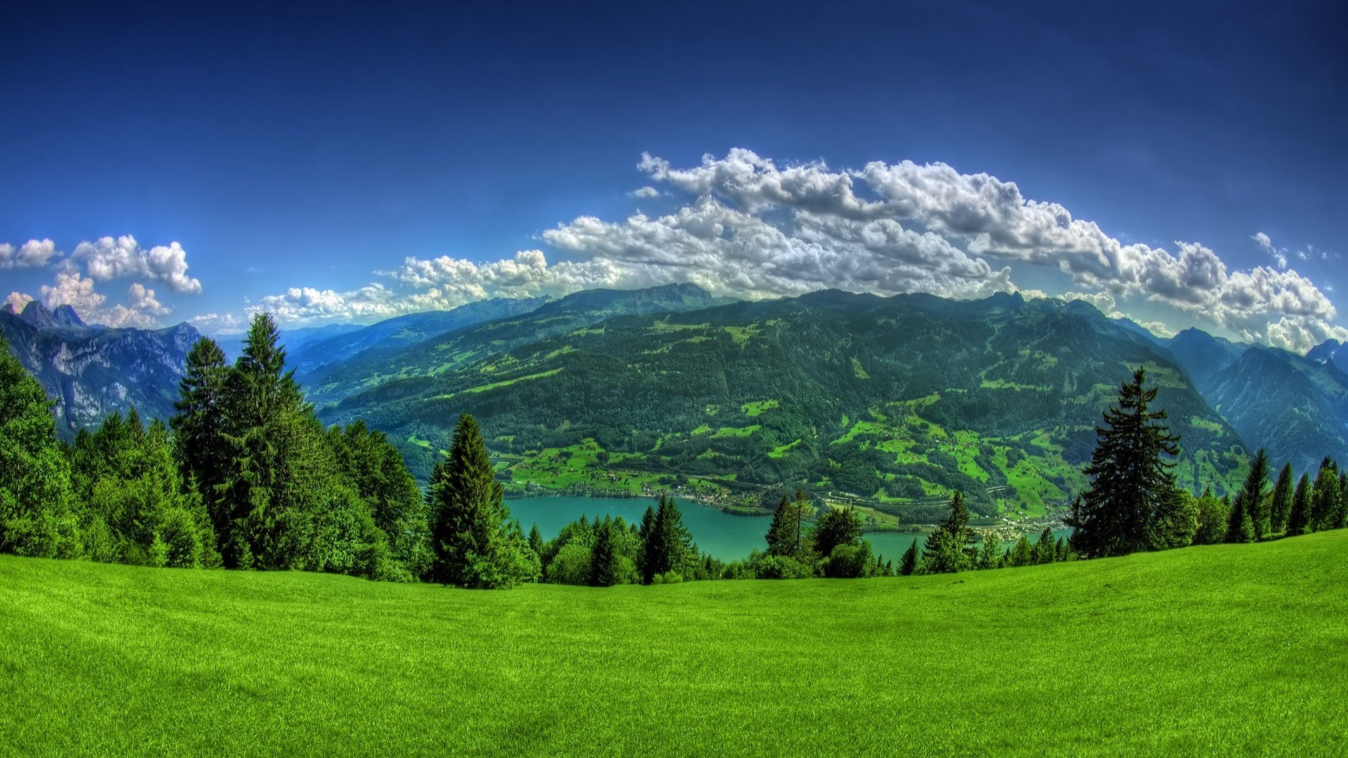 the river at the bottom clearing green grass the sky mountains clouds ate forest summer water