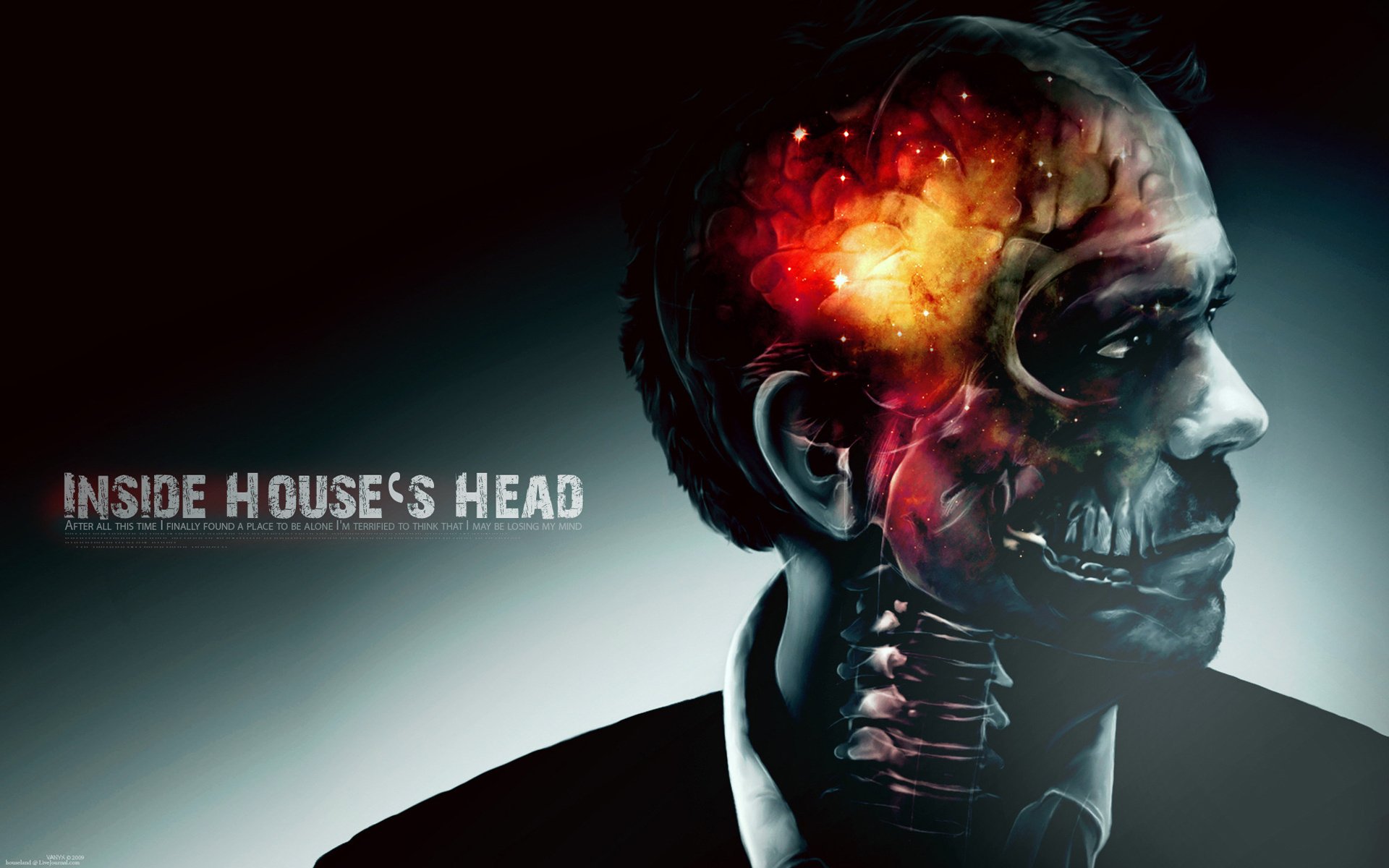 head without skin a luminary of medicine dr. dr. house brain head labels x-ray background profile jaw face