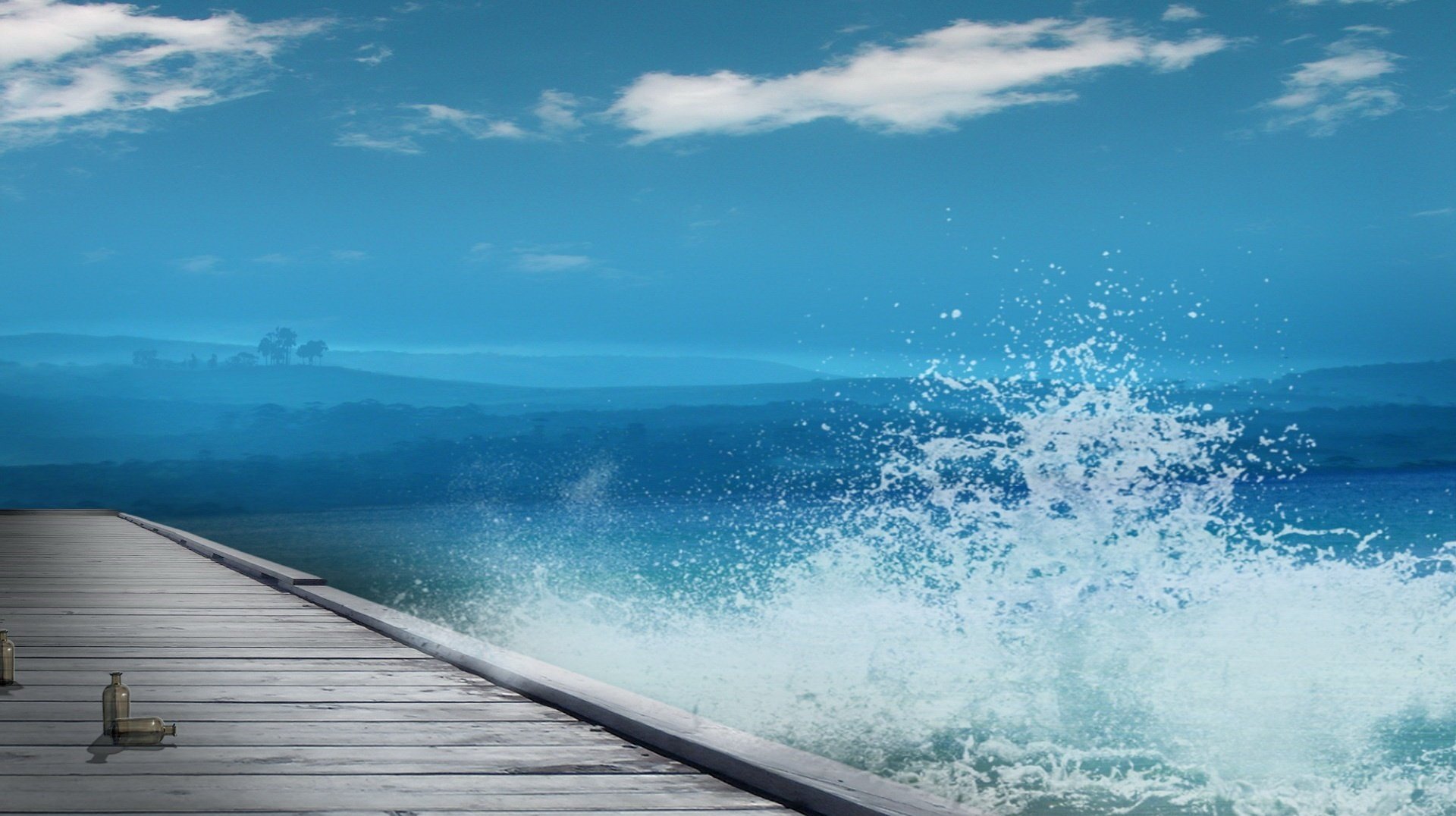 salpicaduras de agua muelle de madera anochecer agua cielo