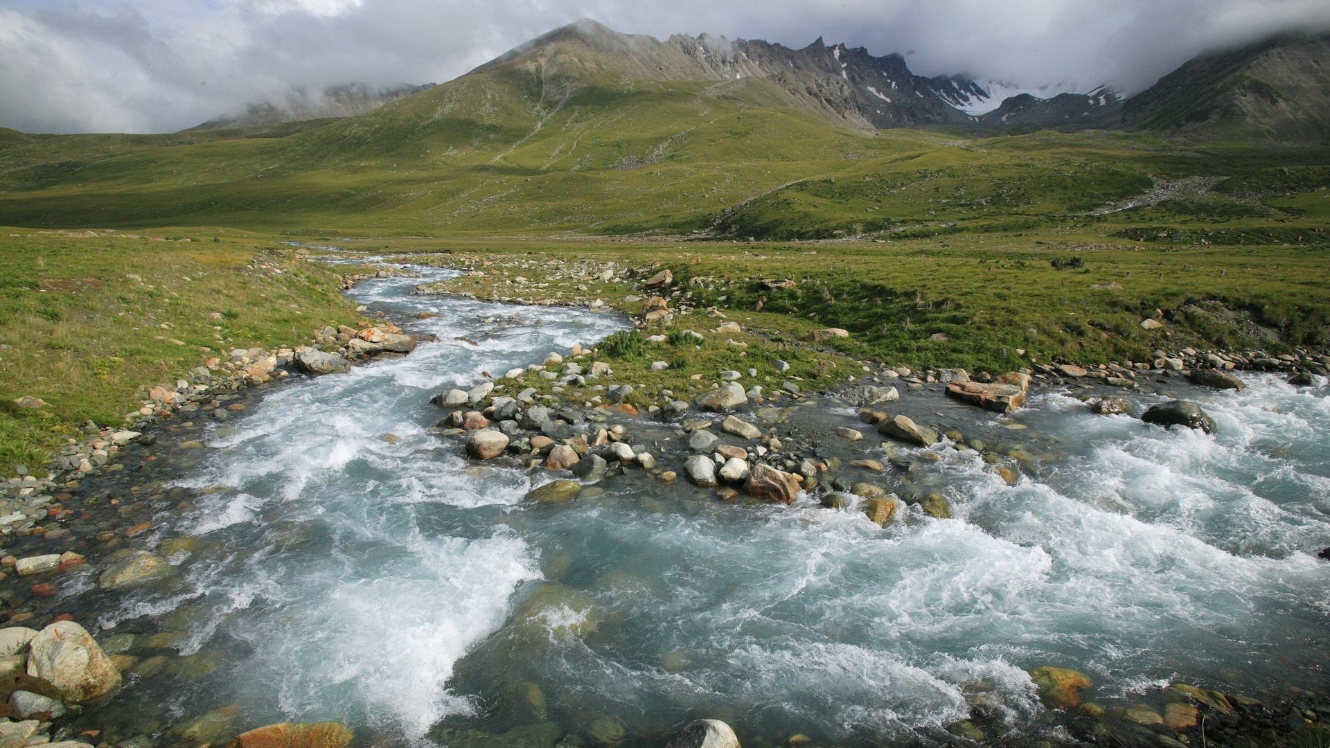 the velocity of the water green meadows mountain stream mountains stream meadow fog landscape nature river for valley green