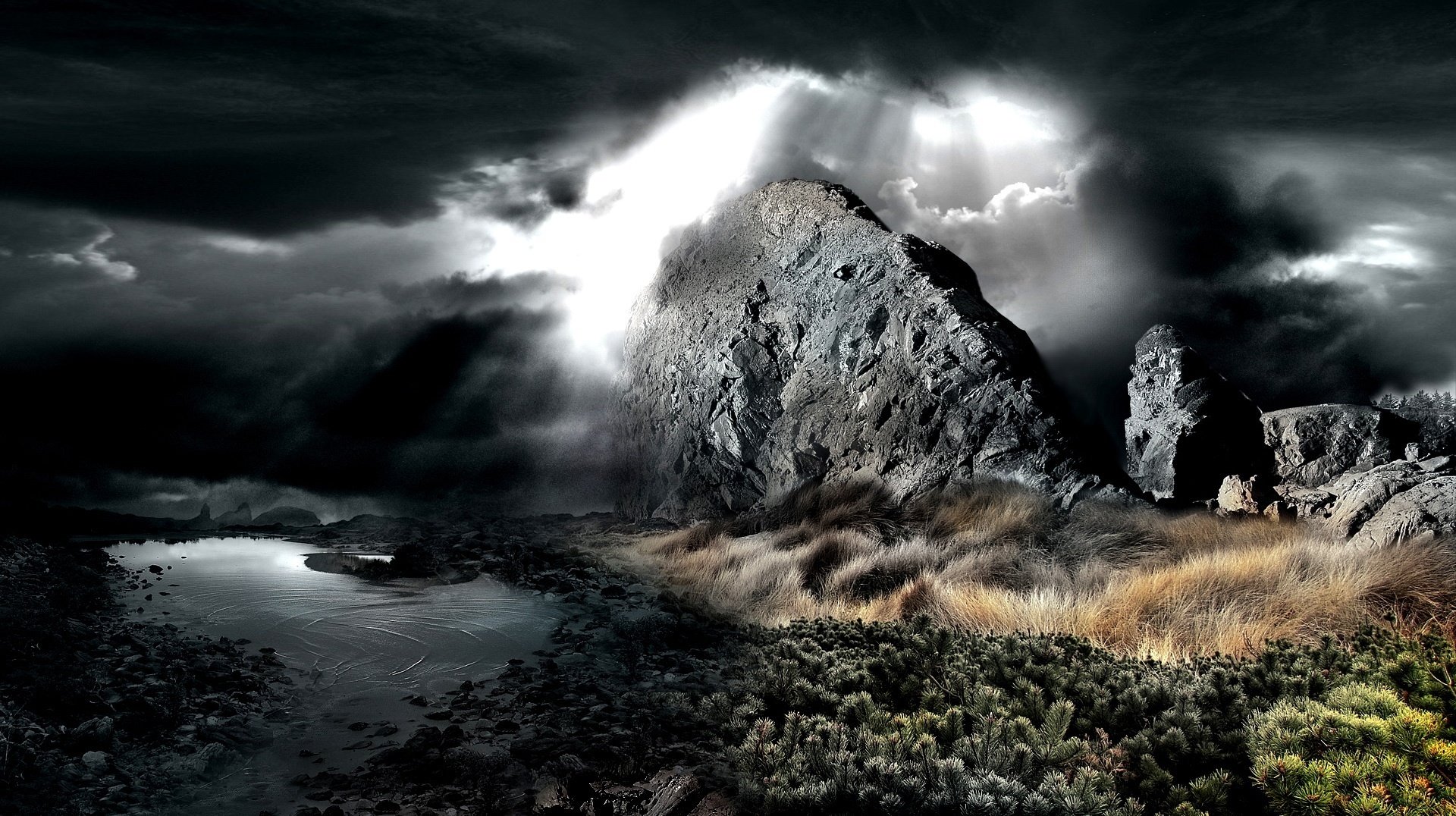 ölgemälde stein kakteen gewitterwolken gewitter see nacht strahlen dämmerung natur wind gras sturm schlechtes wetter