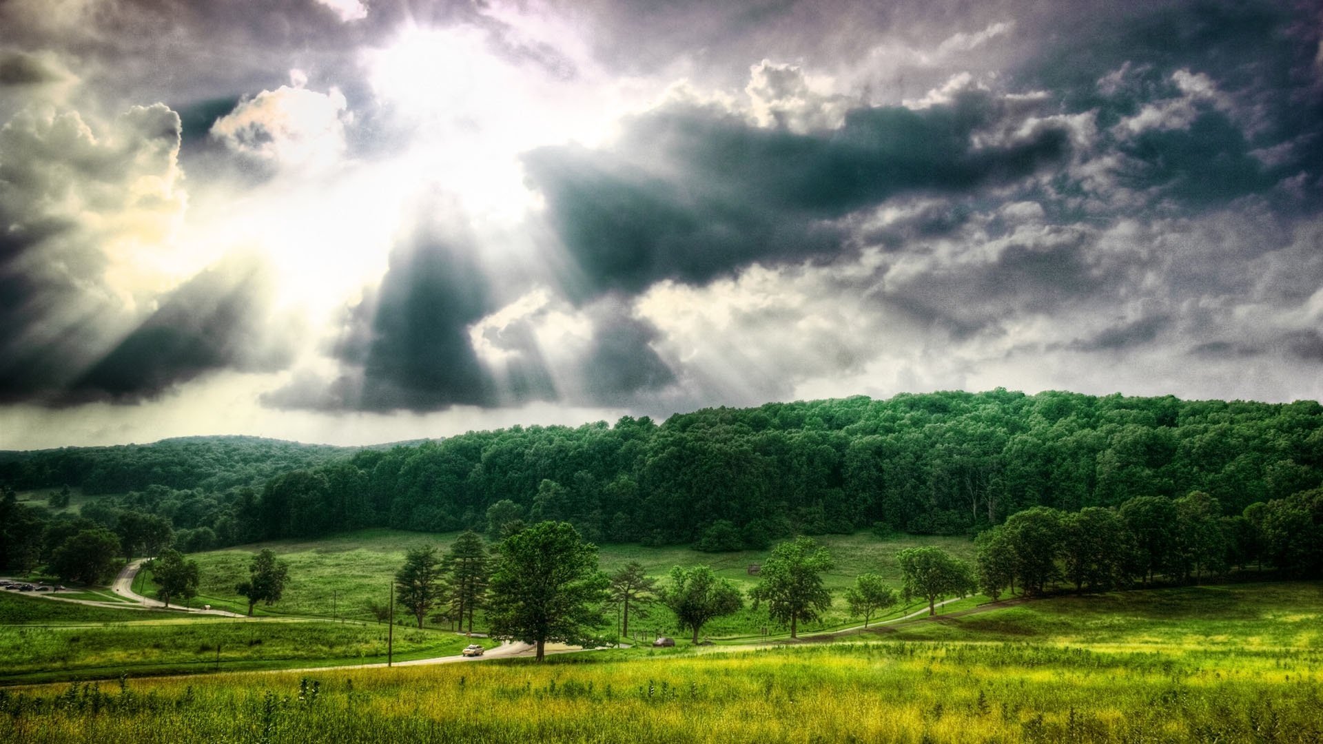 unshine dense forest field roads forest sky sun rays clouds greenery road car trees grass cleanliness air red ble nature roads rays landscape thickets meadow field