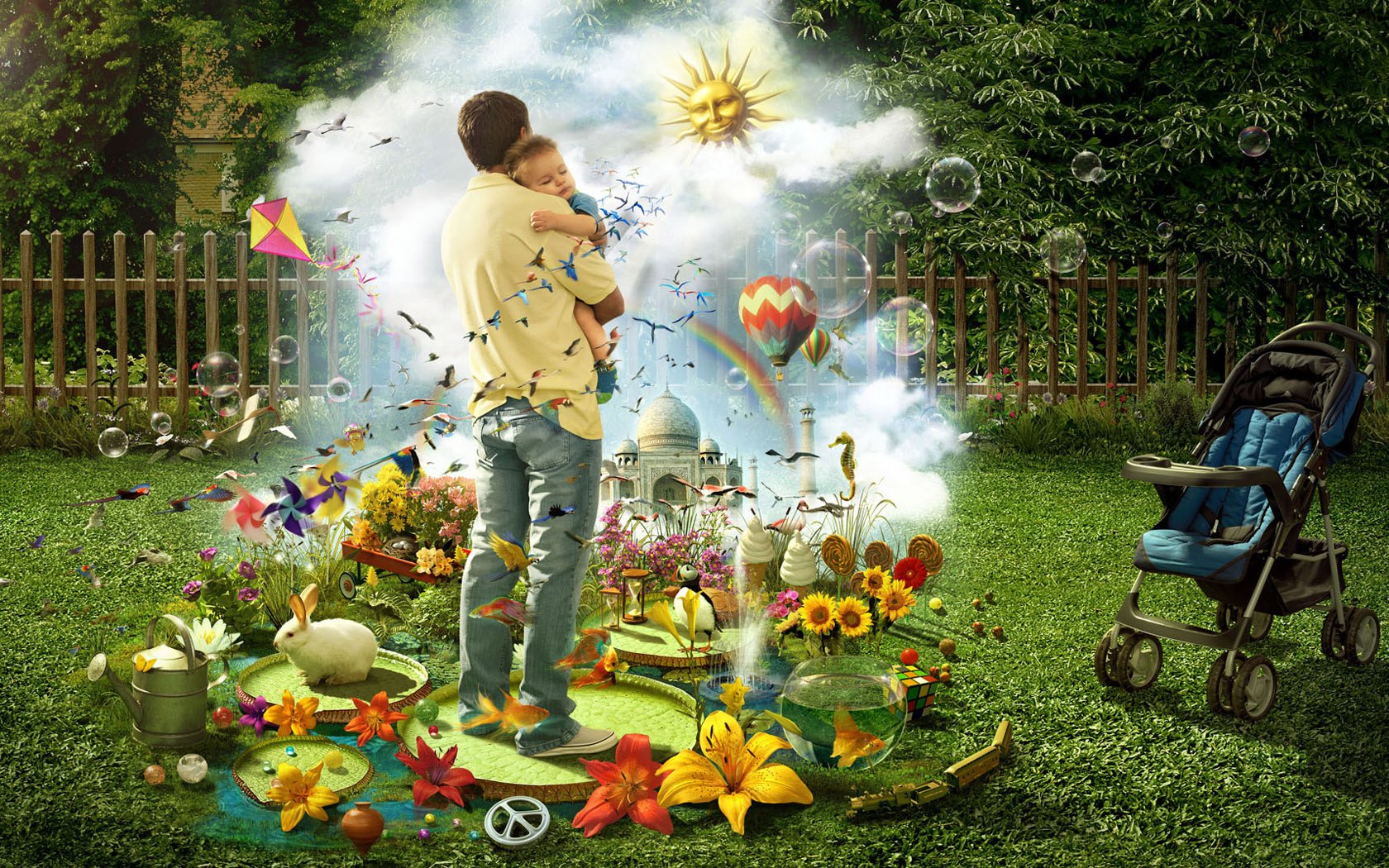 rêve de bébé paradis pour enfant poussette fleurs cerf-volant île du bonheur papa enfance verdure clôture clôture oasis soleil ballons lapin jouets crème glacée aquarium bulles conte de fées