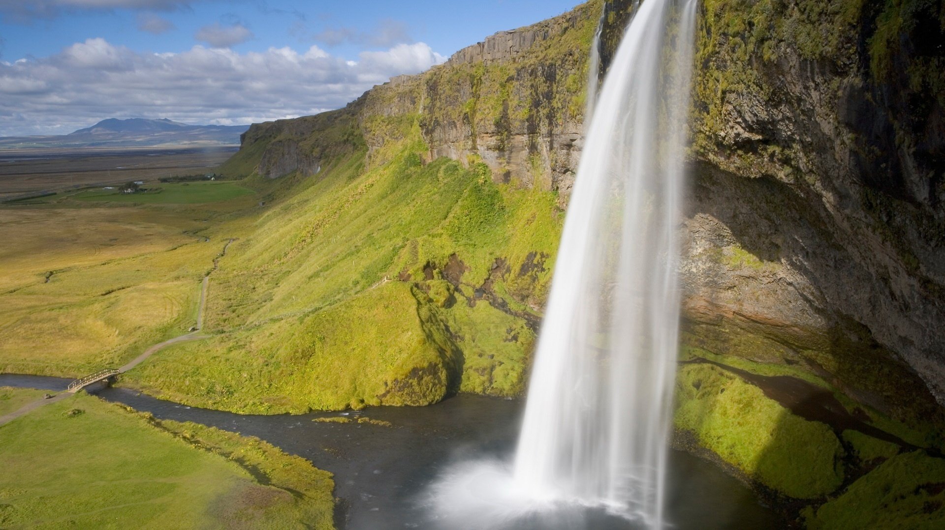 natural beauty waterfall rocks rocks mountains cliff river field greenery clouds landscape nature current