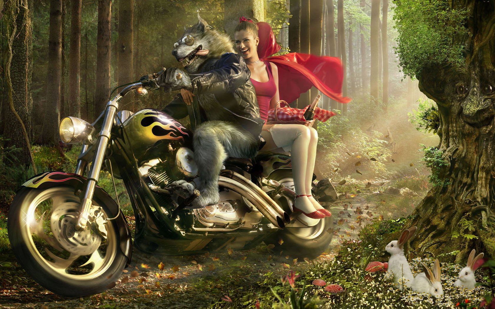 dense forest wolf motorcycle speed little red riding hood cloak moto rabbits creative smile tales forest