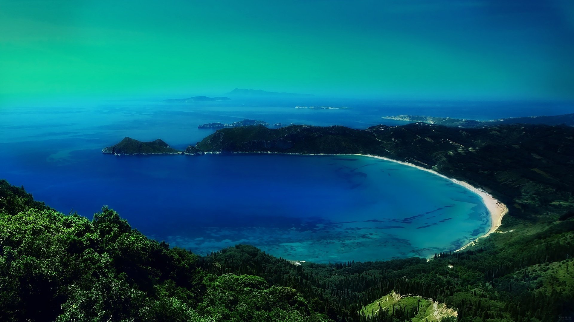 green plants bay blue water sea bay nature landscape view mountains evening sky beauty coastal area resort