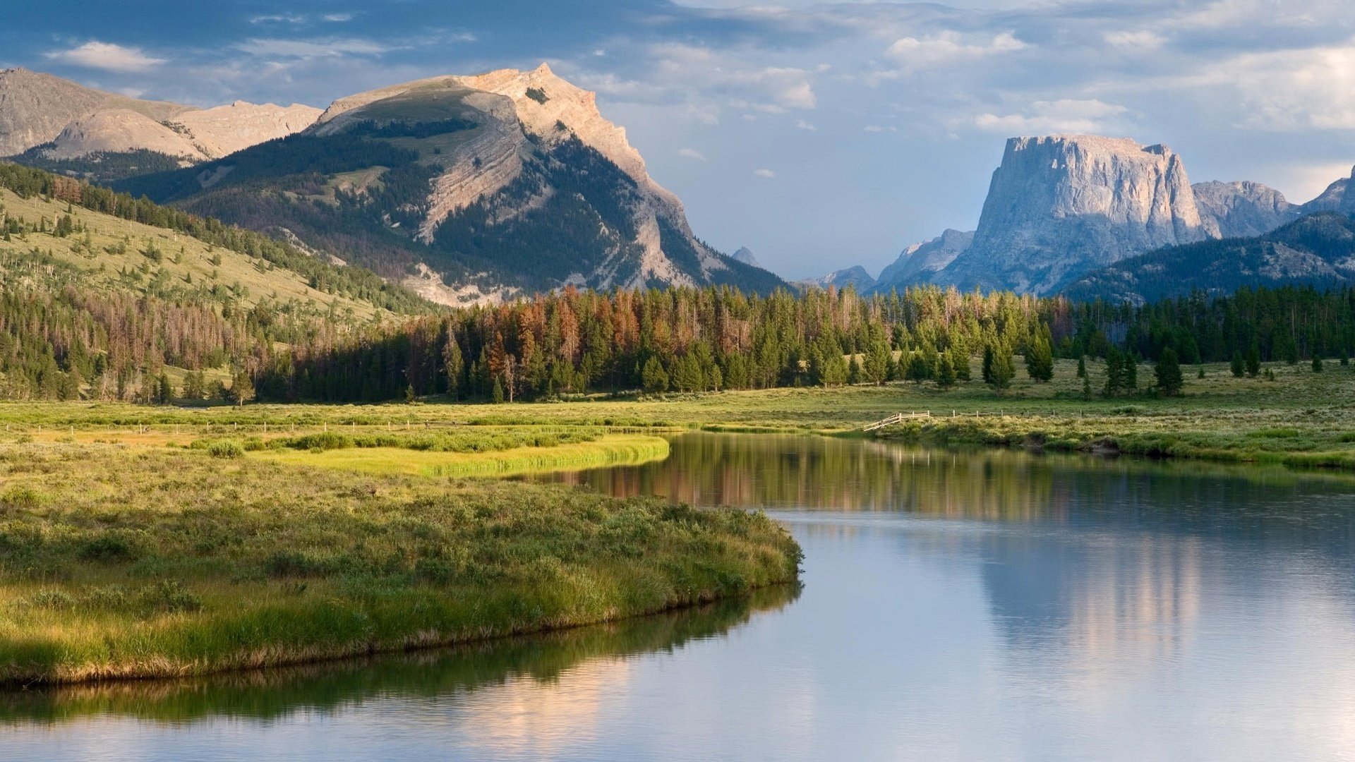 belle montagne piantagione di alberi di natale acqua pulita montagne fiumi fiume riva natura paesaggio erba prato valle calma silenzio grazia collina