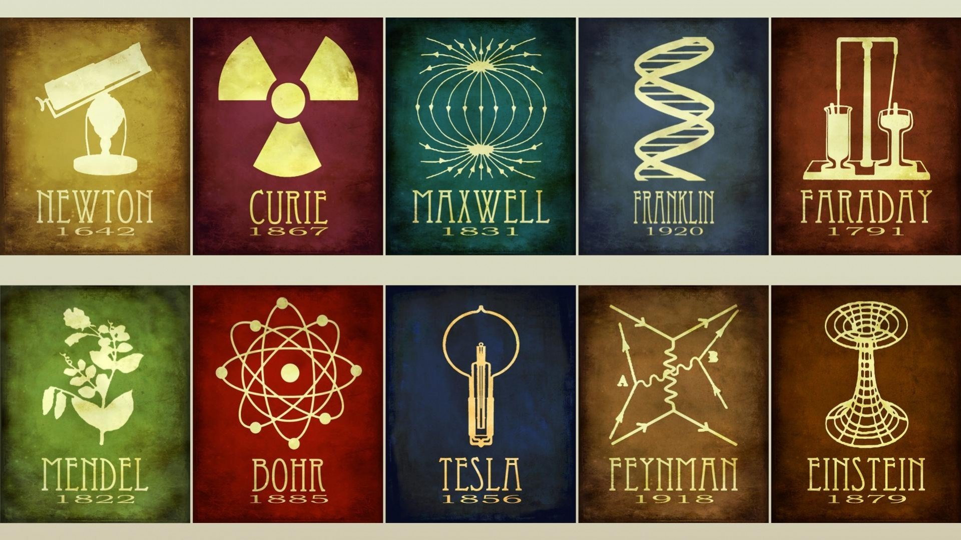 newton curie maxwell franklin faraday mendel bohr tesla feynman einstein