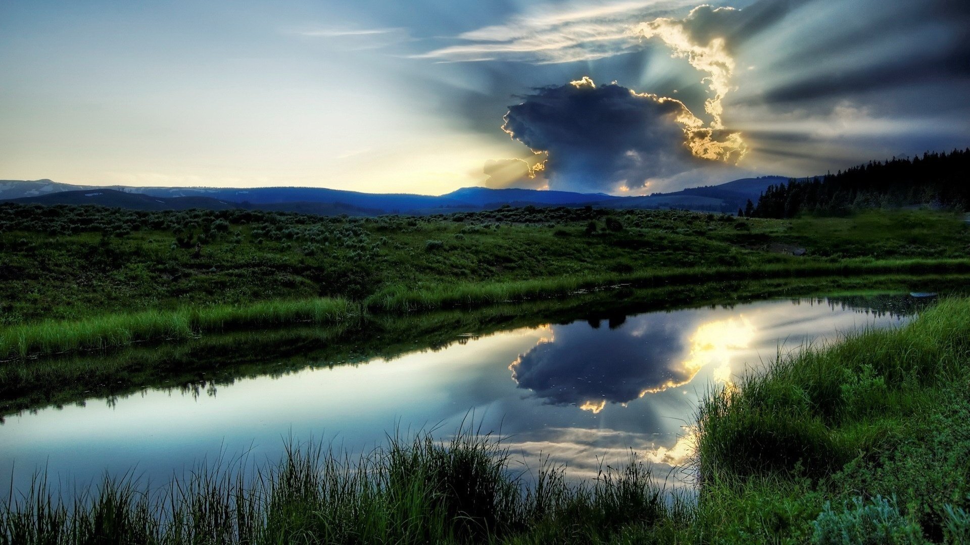 green spaces a small lake cloud river greens the sky water ray