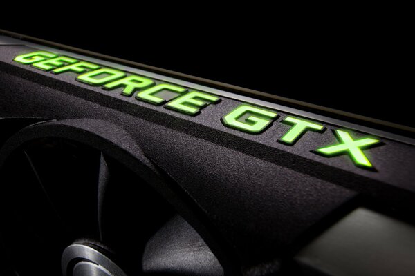 The bright accent of the inscription of the Nvidia GeForce graphics card