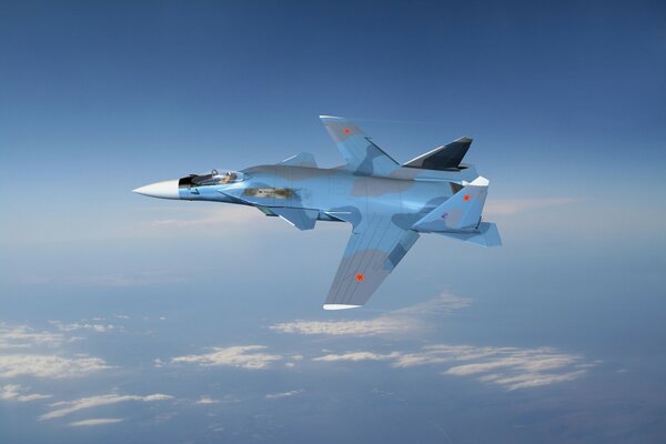 Avion su-47 volant dans le ciel au-dessus des nuages