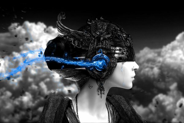 A girl against the sky in a helmet. Blue on gray