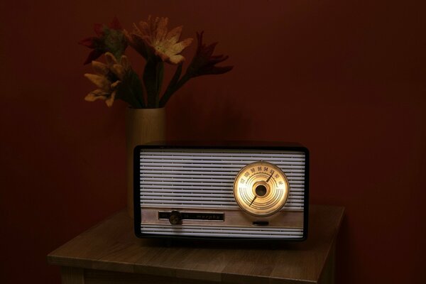 Radio Murphy in einwandfreiem Zustand auf dem Hintergrund einer Vase mit Blumen