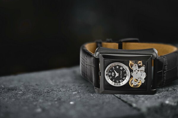 Black Leather Jack Pierre Watch on Black concrete