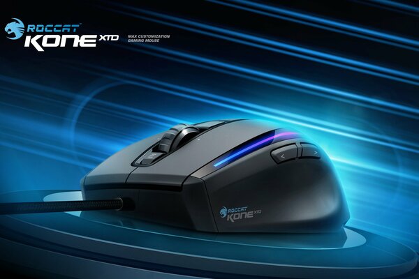 Image of a gaming mouse on a black and blue background