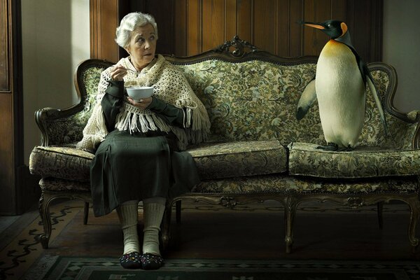 Granny bere il tè con il pinguino nel suo nm divano