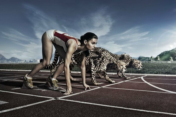 Una chica compite con leopardos