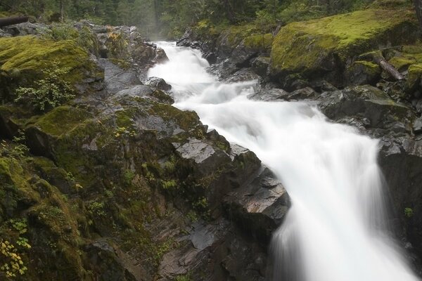 A mountain stream, inexorably rushes between the stone massifs of the mountains