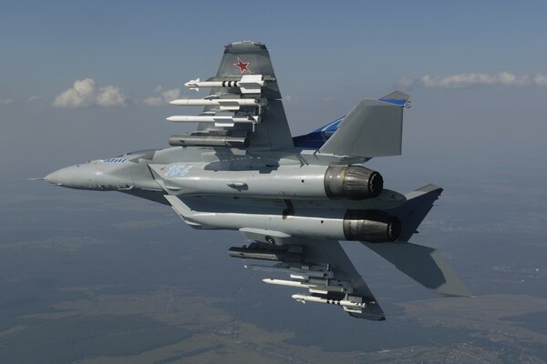 The mig-35 fighter plane soars in the sky