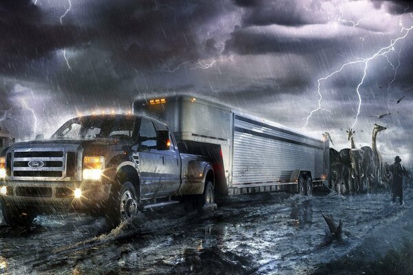 El coche viaja durante una tormenta eléctrica. Animales exóticos