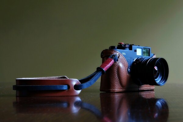 Retro camera in a leather case with a handle