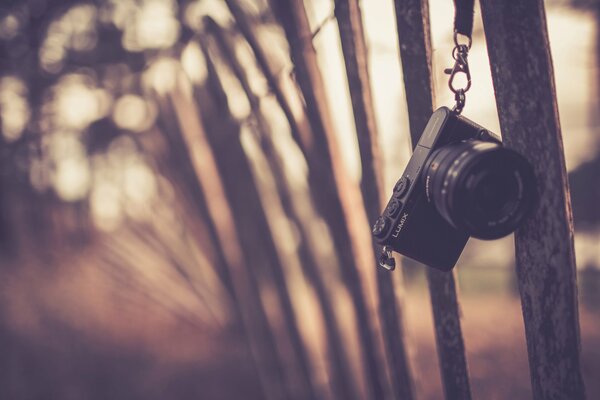 Procesamiento de la foto con la cámara colgando en la cerca