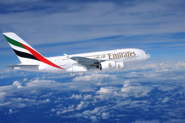 Airplane on a background of blue sky with clouds