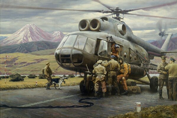 Pintura con la imagen de un helicóptero militar y personal militar