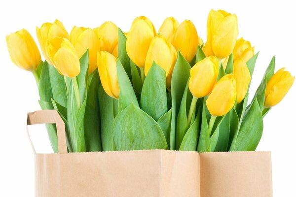 Un bouquet de fleurs de tulipes jaunes avec de longues feuilles attend le propriétaire