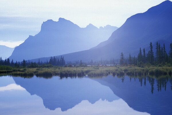 Mountains lake mirror image in the water