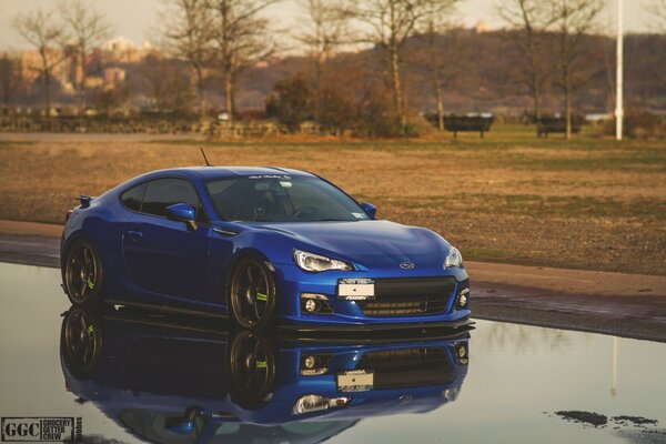 Sporty Subaru in a mirror image