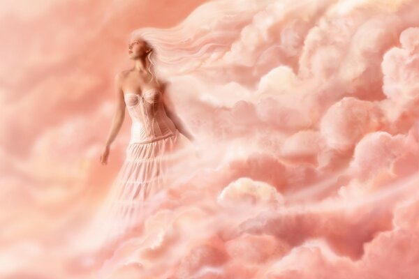 Purple pink drawing of a woman in the clouds