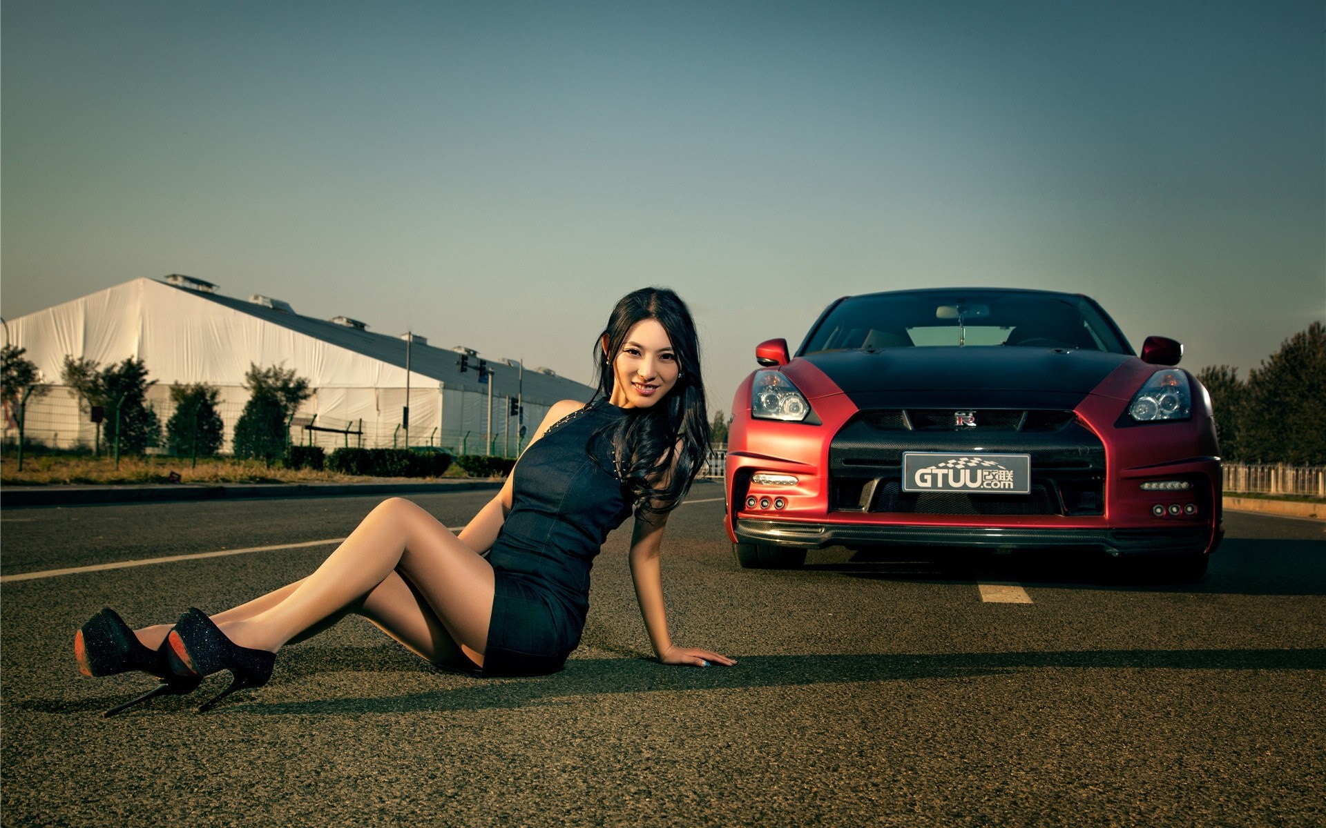 asian car road brunette sports car feet model sky girl