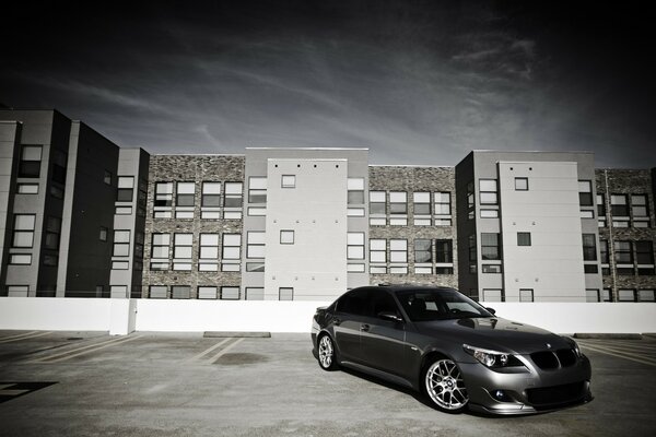 Black car in a small town