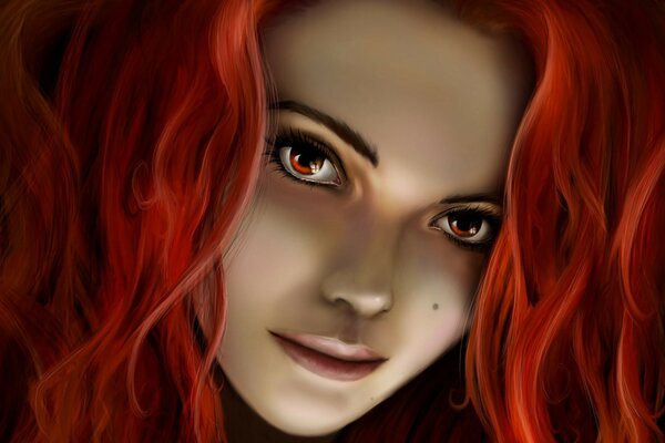 Realistic drawing of a red-haired girl with a mole on her cheek