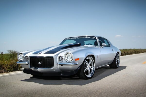 Silver Chevy camaro on the road