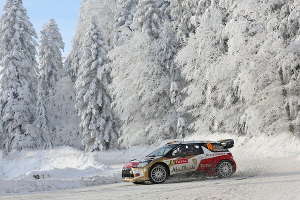 Winter, snow-covered forest and citroen ds3 on the road