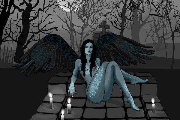 A girl with wings in a cemetery with candles