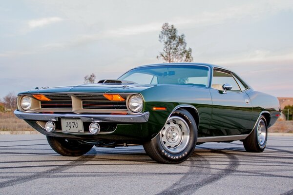 The power of the classic car is dark green