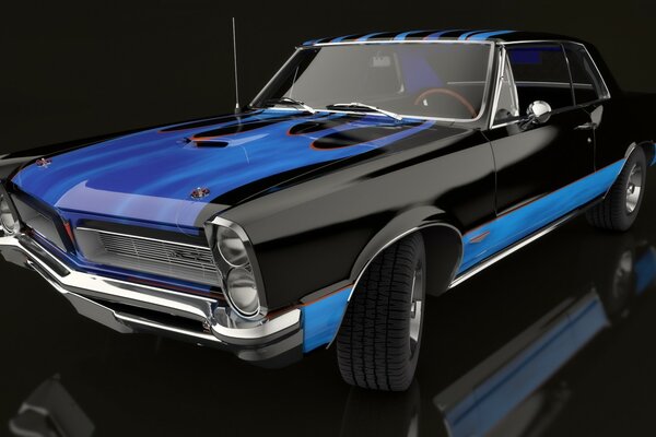 Black and blue pontiac GTO on display