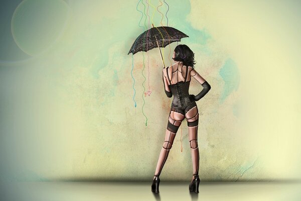 A strange mannequin in underwear and with an umbrella