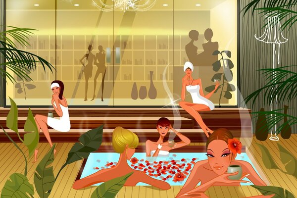 Les filles se baignent dans un sauna chaud